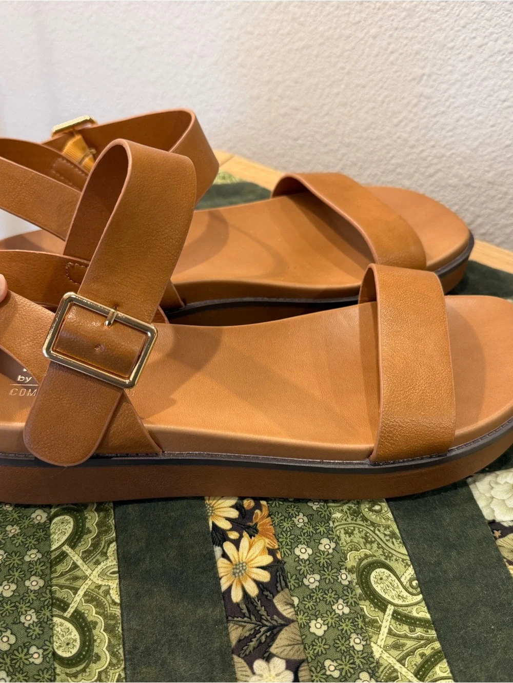 Taryn Rose Cognac Leather Two-Strap Ankle Platform Sandals